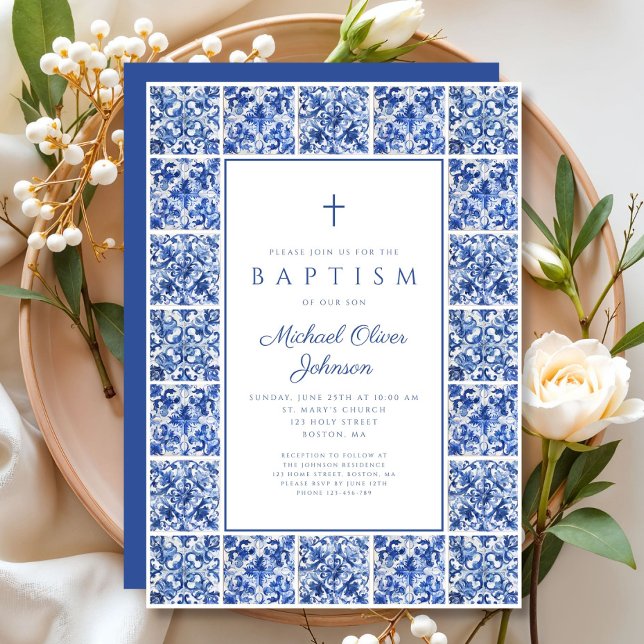 Elegante mediterrane Tiles Boy Baptisse Einladung (Elegant Mediterranean Tiles Boy Baptism Invitation)