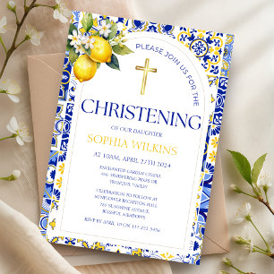 Elegante mediterrane Zitronenblaue Fliesen Taufe Einladung