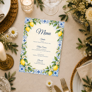 Elegante mediterrane Zitronenhochzeit Menükarte