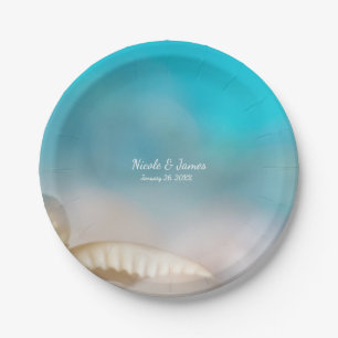Elegante Meeresmuscheln Blaue Tropische Strandhoch Pappteller