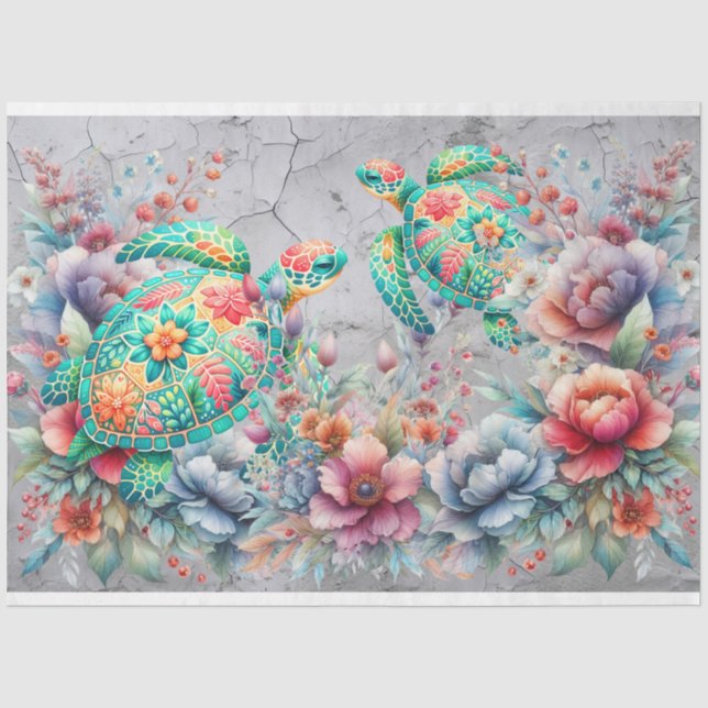 Elegante Meeresschildkröten & Wasserfarbe Florals  Seidenpapier (Vorderseite)