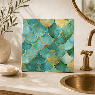 Elegante Meerjungenskala in Aquamarin und Gold Fliese
