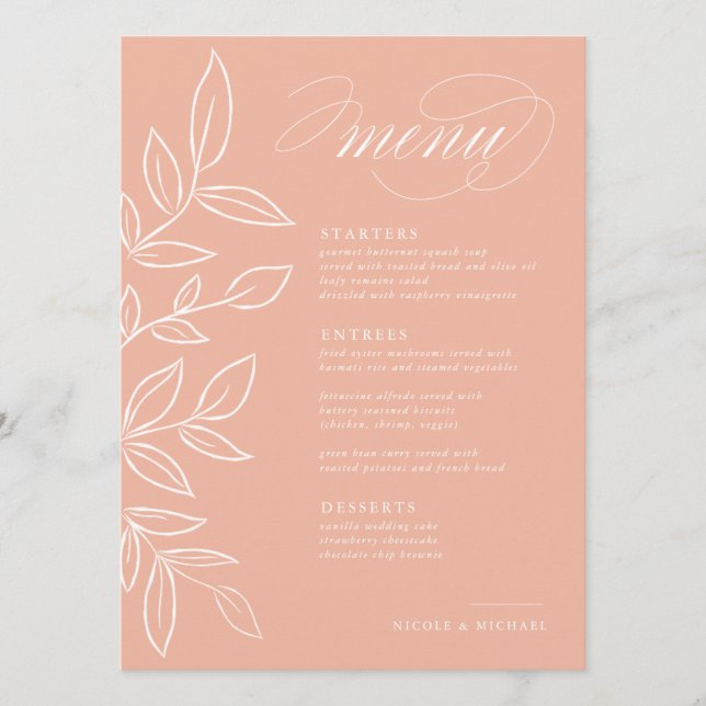 Elegante Melon Pink Minimalistische Blätter Hochze Menükarte (Vorderseite)