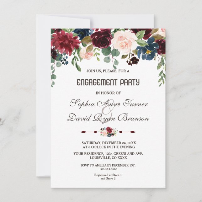Elegante Merlot Navy Blue Floral Engagement Party Einladung (Vorderseite)