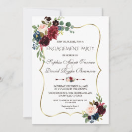 Elegante Merlot Navy Blue Floral Engagement Party Einladung