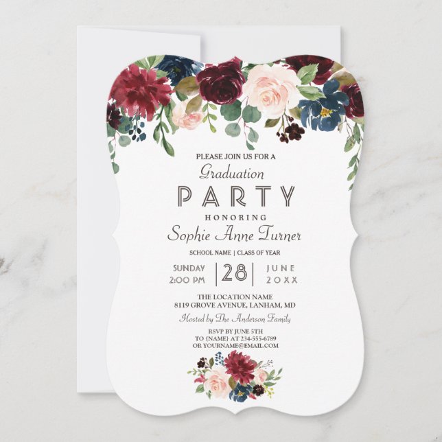 Elegante Merlot Navy Blue Floral Graduation Party Einladung (Vorderseite)