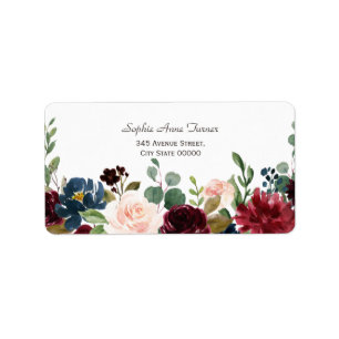 Elegante Merlot Navy Blütenhochzeit Adressaufkleber