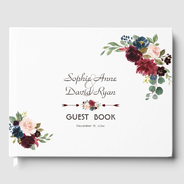 Elegante Merlot Navy Blütenhochzeit Gästebuch (Vorderseite)