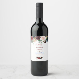 Elegante Merlot Navy Blütenhochzeit Weinetikett
