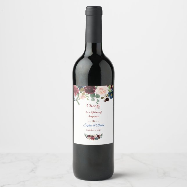 Elegante Merlot Navy Blütenhochzeit Weinetikett (Vorderseite)