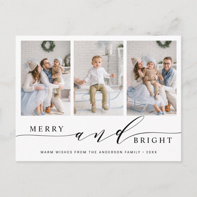 Elegante Merry & Bright 3 Foto Holiday Postcard Postkarte (Vorderseite)