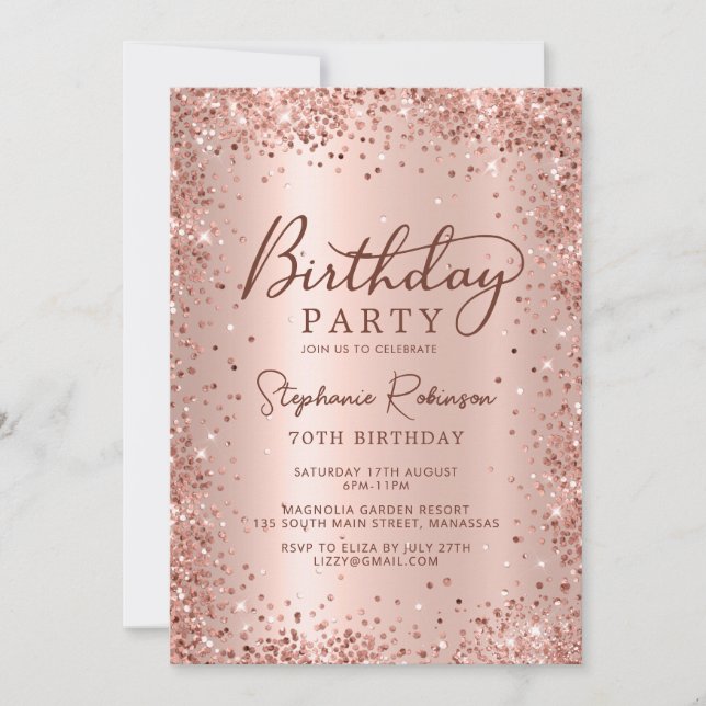 Elegante Metal Rose Gold Glitzer 70. Geburtstag Einladung (Vorderseite)