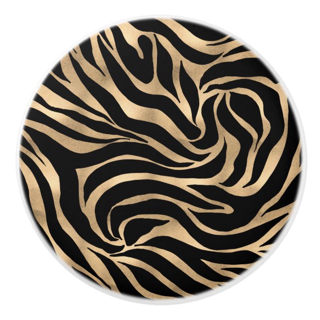 Elegante Metallic Gold Zebra Black Animal Print Keramikknauf (Vorderseite)