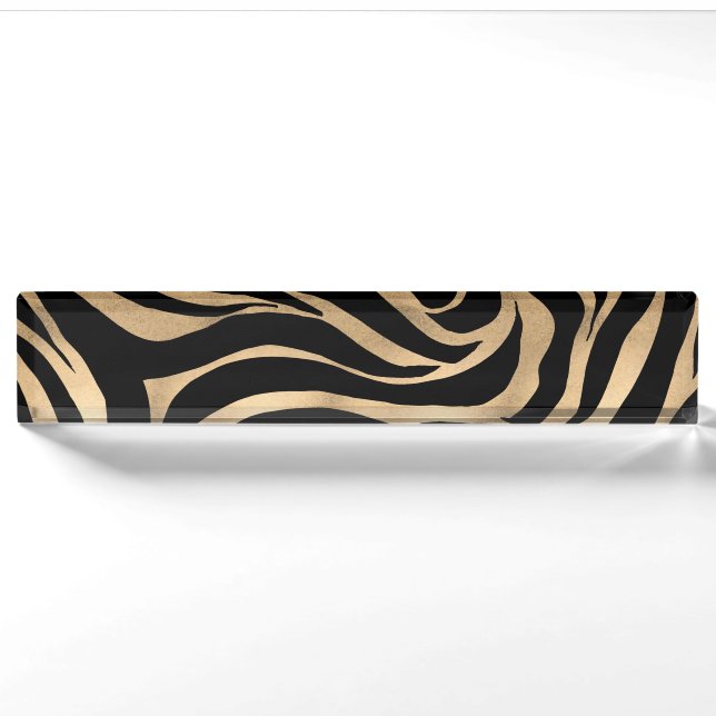 Elegante Metallic Gold Zebra Black Animal Print Namensplakette (Vorderseite)