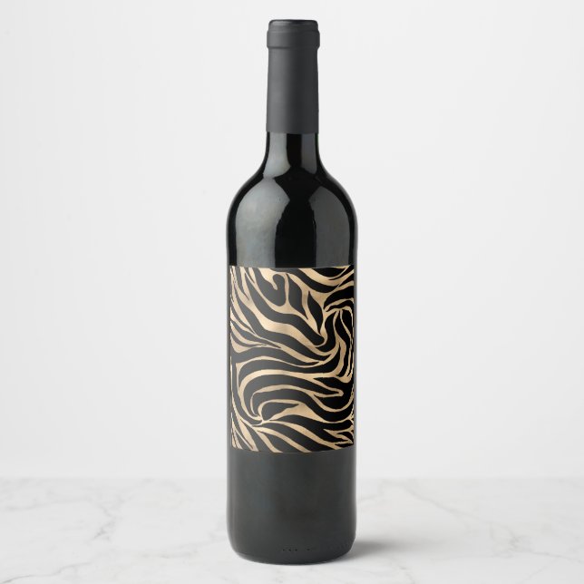 Elegante Metallic Gold Zebra Black Animal Print Weinetikett (Vorderseite)