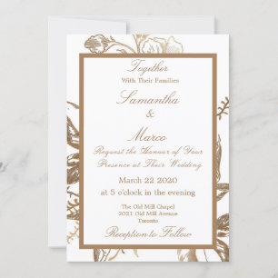 Elegante Metallic Golden Floral White Wedding Einladung