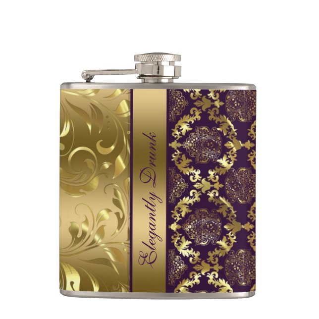 Elegante metallische Lila- und GoldDamasken und Sp Flachmann (Vorderseite)
