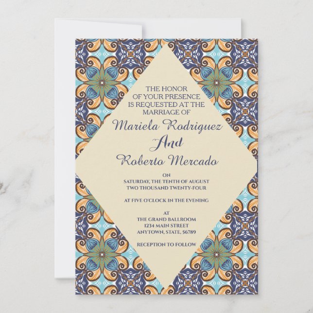 Elegante mexikanische Floral Talavera Diamond Wedd Einladung (Vorderseite)