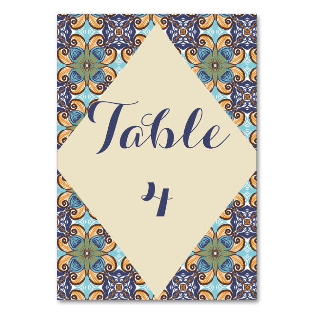 Elegante mexikanische Floral Talavera Diamond Wedd Tischnummer (Vorderseite)