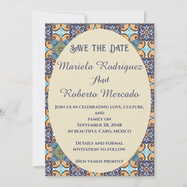 Elegante mexikanische Floral Talavera Oval Wedding Save The Date (Vorderseite)