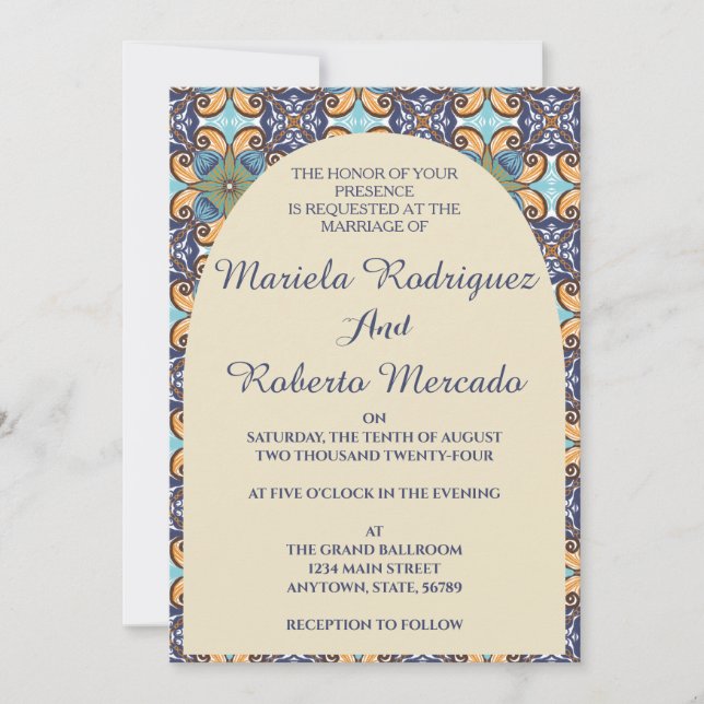 Elegante mexikanische Floral Talavera Tile Hochzei Einladung (Vorderseite)
