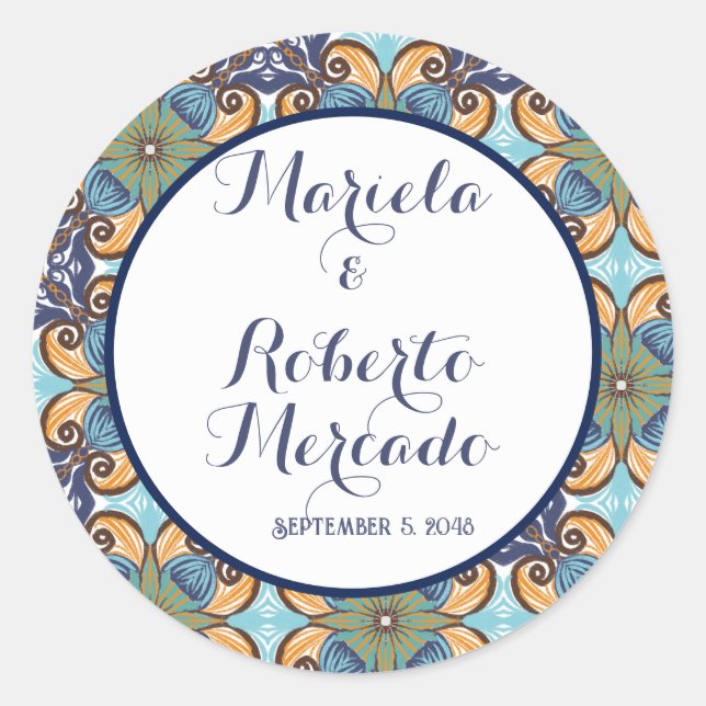 Elegante mexikanische Floral Talavera Wedding Runder Aufkleber (Vorderseite)