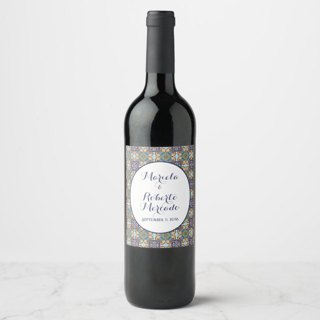 Elegante mexikanische Floral Talavera Wedding Weinetikett (Vorderseite)