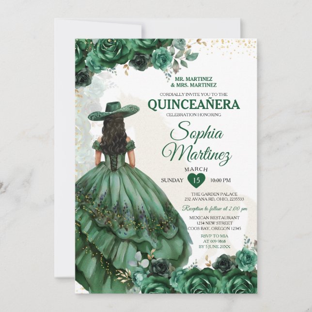 Elegante mexikanische Prinzessin Emerald Green Qui Einladung (Vorderseite)