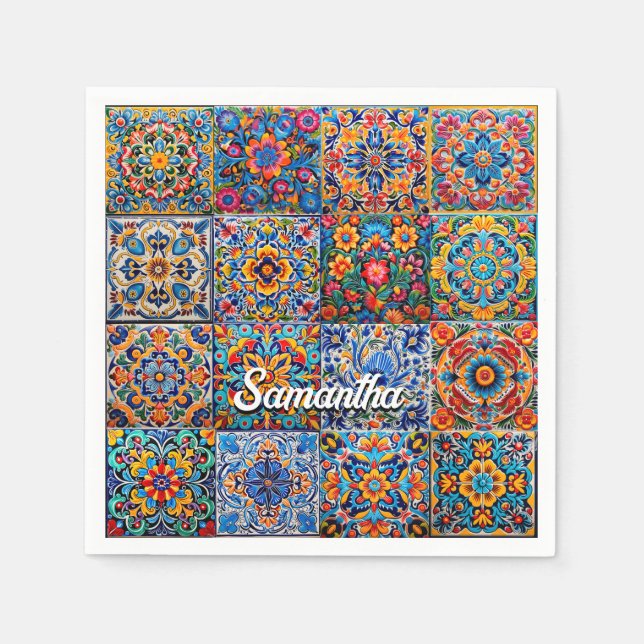 Elegante mexikanische Talavera-rote gelbe Fliesen Serviette (Vorderseite)