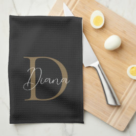 Elegante Midnight Black Mossy Gold Script Monogram Geschirrtuch