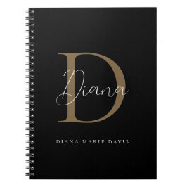 Elegante Midnight Black Mossy Gold Script Monogram Notizblock