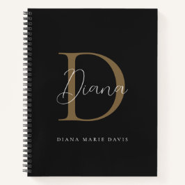 Elegante Midnight Black Mossy Gold Script Monogram Notizbuch