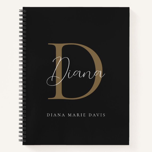 Elegante Midnight Black Mossy Gold Script Monogram Notizbuch (Vorderseite)