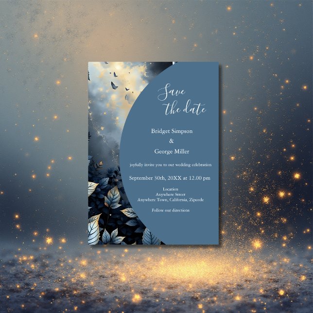 Elegante Midnight Blue and Gold Forest Wedding Einladung (Von Creator hochgeladen)