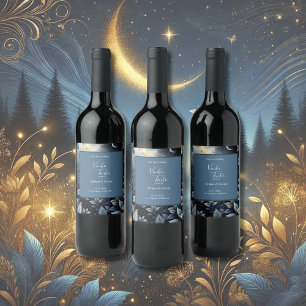 Elegante Midnight Blue and Gold Forest Wedding Weinetikett