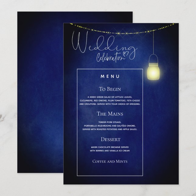 Elegante Midnight Blue Mason Jar Wedding Menu Card Einladung (Vorne/Hinten)