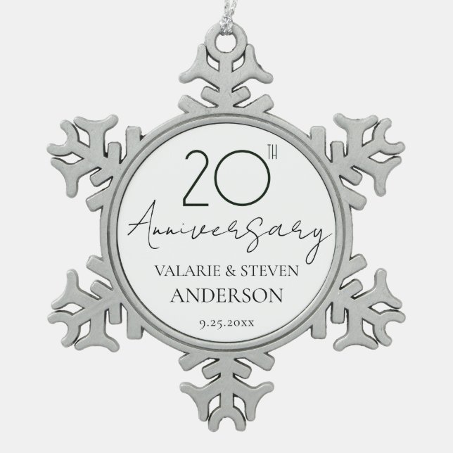 Elegante Minimal 20 Jahre Jubiläum Hochzeit Kerami Schneeflocken Zinn-Ornament (Vorderseite)