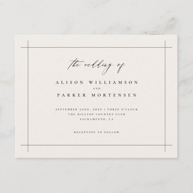 Elegante Minimal Black & Ivory Typografy Wedding Einladungspostkarte (Vorderseite)