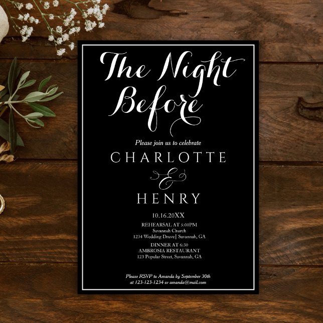 Elegante Minimal Black Wedding The Night Before Einladung (Von Creator hochgeladen)