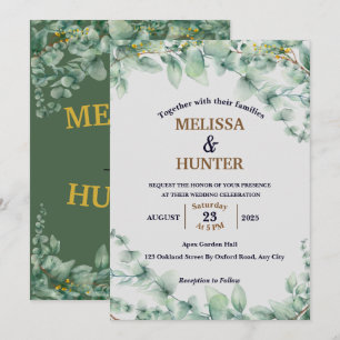 Elegante Minimal Blumengrün Watercolor Hochzeit Einladung