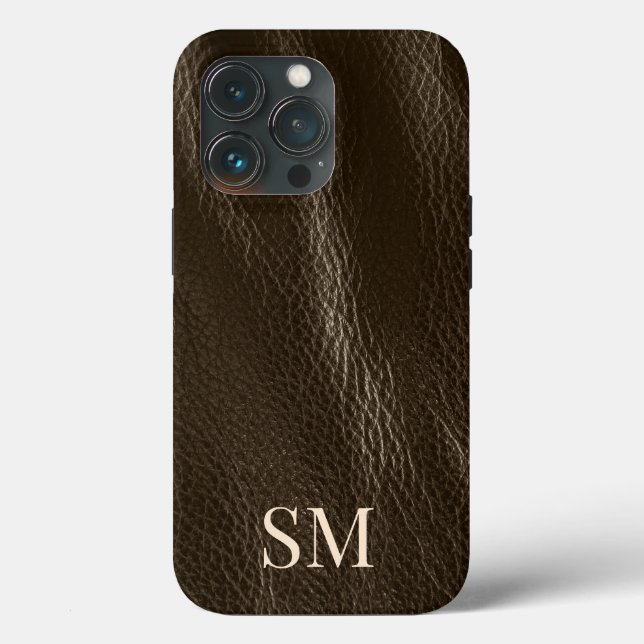 Elegante Minimal Braune Leder Monogramm-Initialen Case-Mate iPhone Hülle (Rückseite)