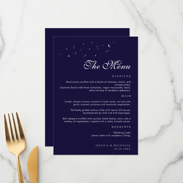 Elegante Minimal Celestial Midnight Blue Wedding Menükarte (Vorderseite/Rückseite Beispiel)