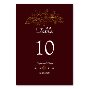 Elegante Minimal Gold Floral Deep Burgundy Hochzei Tischnummer