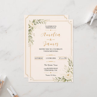 Elegante Minimal Gold Florale Hochzeits-Einladung Einladung