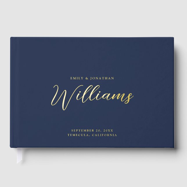 Elegante Minimal Gold Foil Navy Blue Wedding Gästebuch (Vorderseite)
