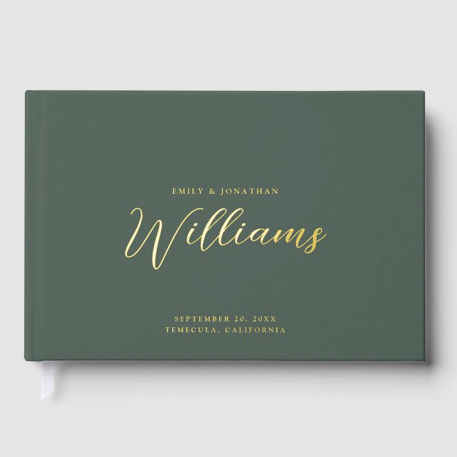 Elegante Minimal Gold Foil Seite Grüne Hochzeit Gästebuch (Vorderseite)
