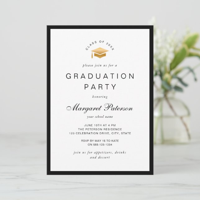 Elegante Minimal Gold Grad Graduation Party Einladung (Stehend Vorderseite)