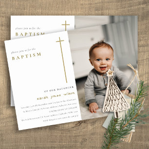 Elegante Minimal Gold Typografie Foto Taufe Einladung
