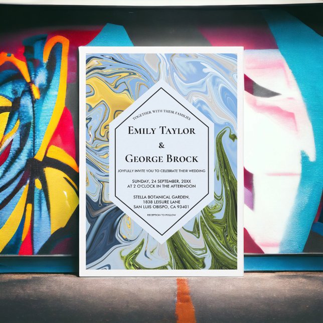 Elegante Minimal Green Yellow Blue Abstrakt Weddin Einladung (Von Creator hochgeladen)