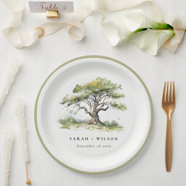 Elegante Minimal Grüne Wasserfarben Eiche Hochzeit Pappteller (Hochzeit)